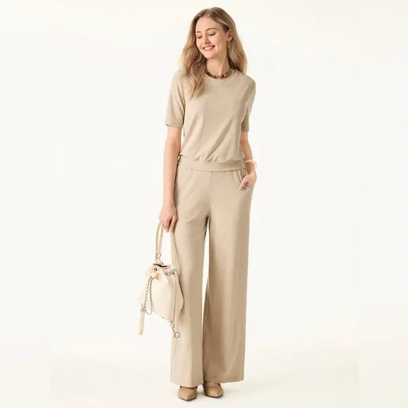 OGL Lyocell Wool Mid Rise Wide Leg Pull-on Pants Pockets SET With TOP Large New - Picture 2 of 11